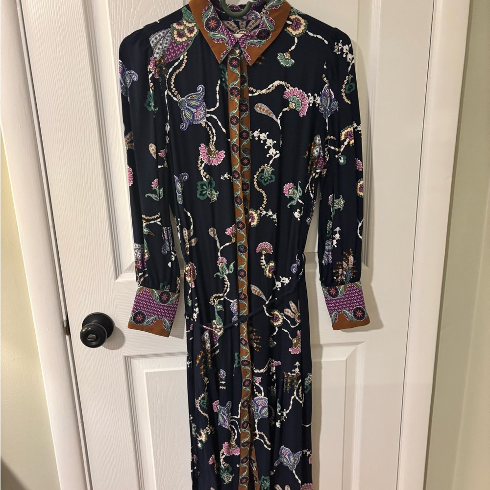 LOFT Long Sleeve floral midi tie waist dress